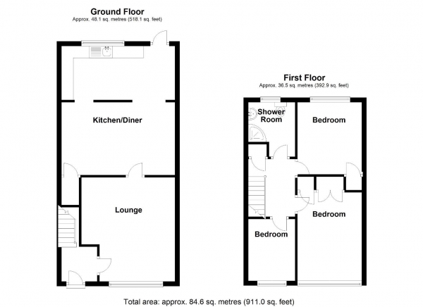 Floor Plan for 3 Bedroom Terraced House for Sale in Ravenswood Hill, Coleshill, B46, 1BW - Offers Over &pound210,000