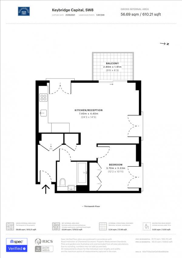 Floor Plan Image for 1 Bedroom Apartment to Rent in Keybridge Capital, Exchange Gardens, Vauxhall