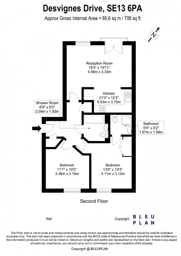 Floor Plan for 2 Bedroom Apartment for Sale in Rosse Gardens, Hither Green, SE13, 6PA - Guide Price &pound350,000