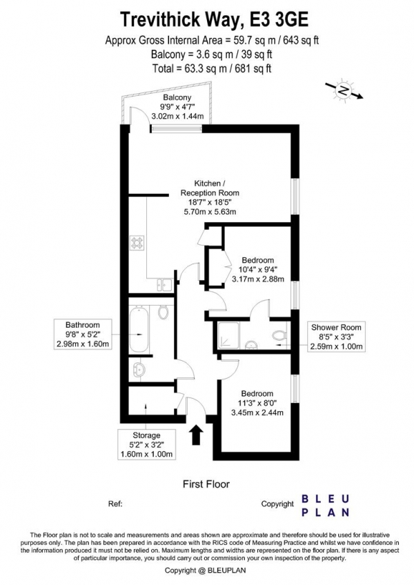 Floor Plan for 2 Bedroom Apartment for Sale in Steward House, Trevithick Way, London, E3, 3GE - Offers in Excess of &pound400,000