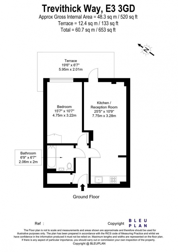 Floor Plan for 1 Bedroom Apartment for Sale in Findlay House, Trevithick Way, London, E3, 3GD - Guide Price &pound350,000