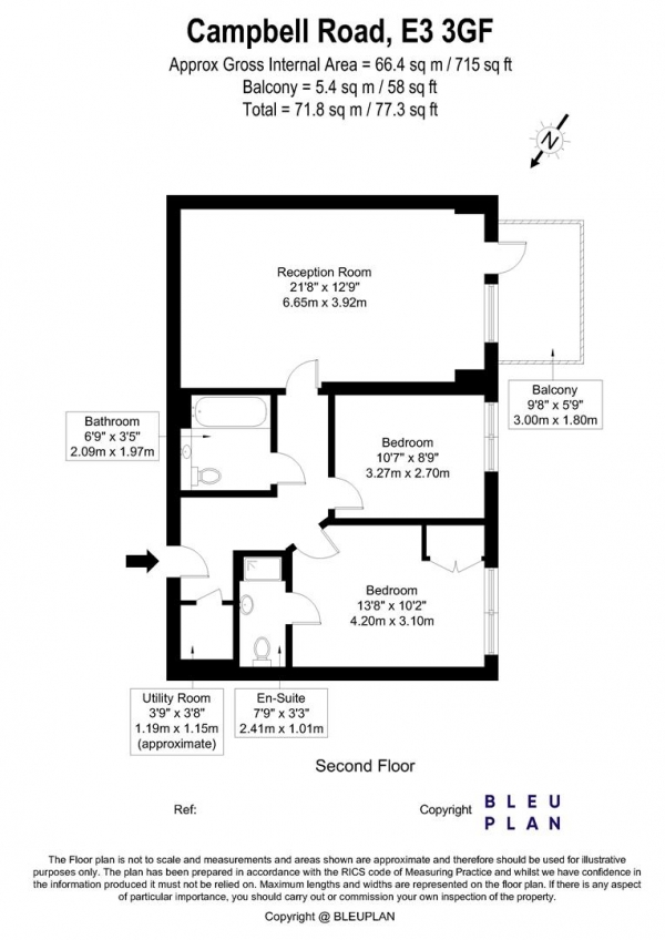 Floor Plan for 2 Bedroom Apartment for Sale in Pryce House, 51 Campbell Road, London, E3, 3GF - Guide Price &pound425,000