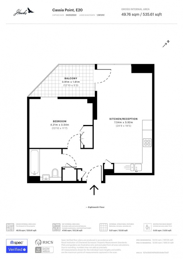 Floor Plan for 1 Bedroom Apartment to Rent in Glasshouse Gardens, E20, 1HW - £520 pw | £2253 pcm