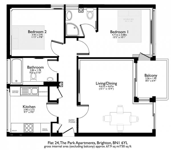 Floor Plan Image for 2 Bedroom Flat to Rent in The Park Apartments, London Road, Brighton