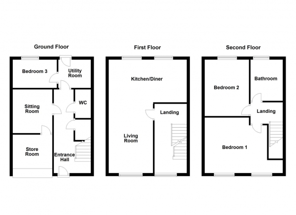 Floor Plan for 3 Bedroom Town House for Sale in School Street, Castleford, WF10, 2FD -  &pound239,950