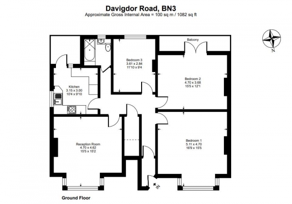 Floor Plan Image for 3 Bedroom Apartment to Rent in Davigdor Road, Hove