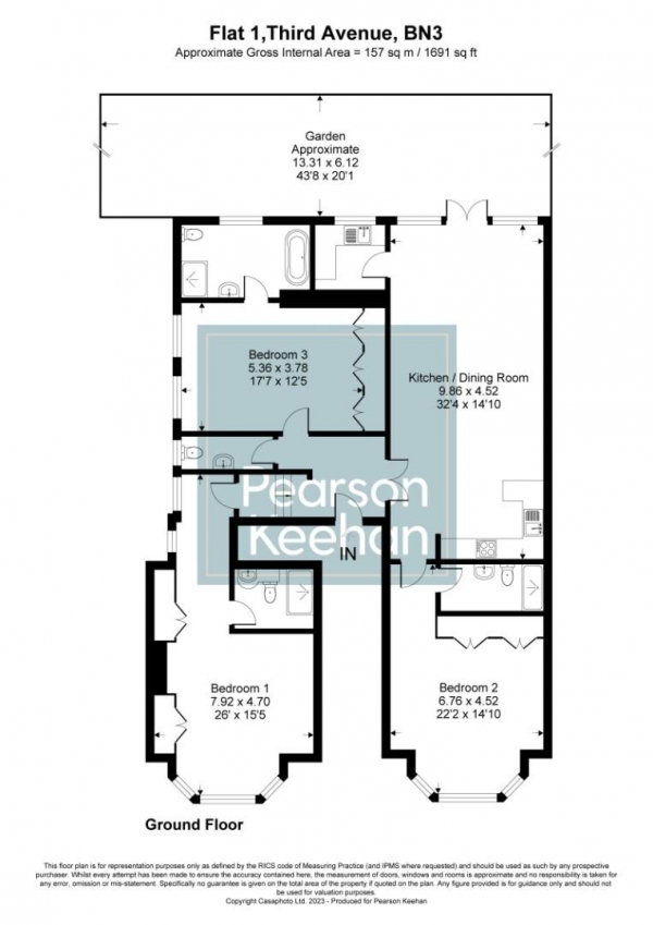 Floor Plan Image for 3 Bedroom Apartment for Sale in Third Avenue, Hove