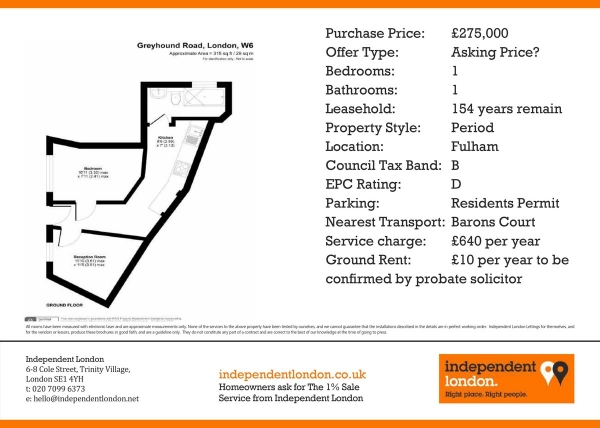 Floor Plan Image for 1 Bedroom Apartment for Sale in Greyhound Road, Fulham, W6 8NS