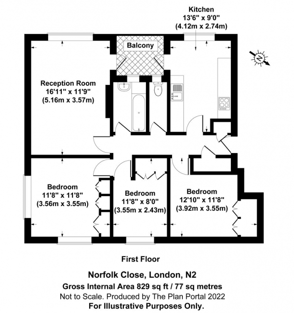 Floor Plan for 3 Bedroom Apartment for Sale in Norfolk Close, East Finchley, N2, N2, 8ET -  &pound385,000