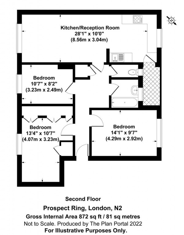 Floor Plan for 3 Bedroom Apartment for Sale in Prospect Ring, East Finchley, N2, N2, 8BP -  &pound395,000