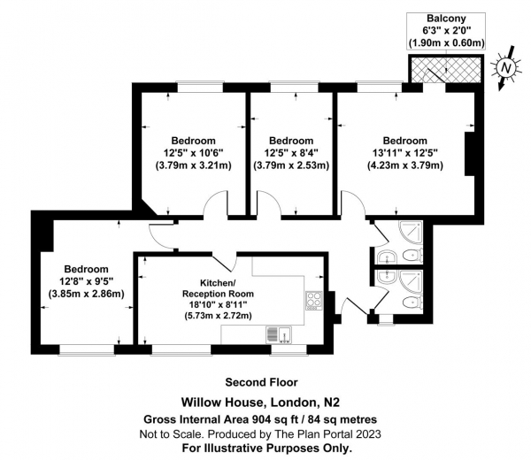 Floor Plan for 4 Bedroom Apartment for Sale in Willow House, East Finchley, N2, N2, 8EL -  &pound425,000