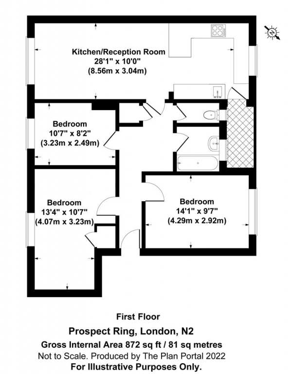 Floor Plan for 3 Bedroom Apartment for Sale in Prospect Ring, East Finchley, N2, N2, 8BP -  &pound425,000