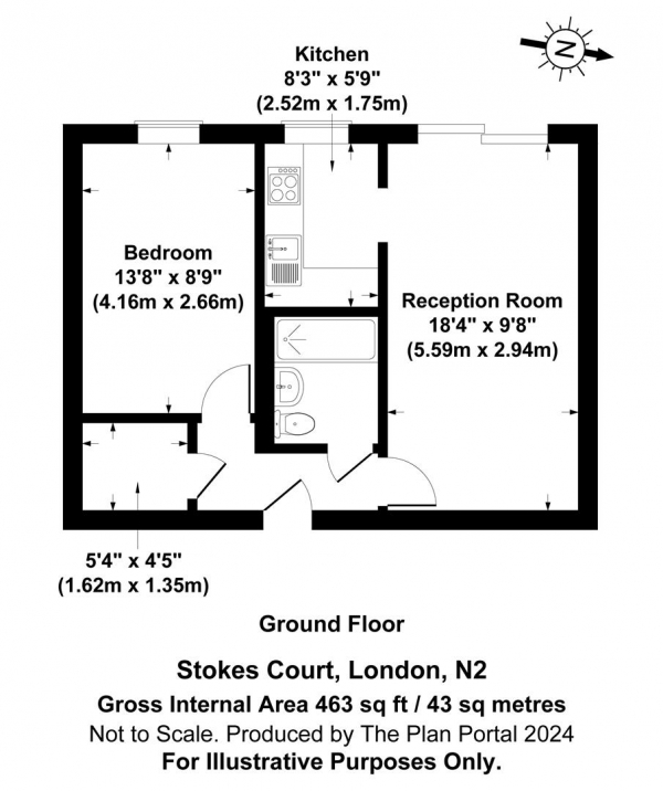 Floor Plan for 1 Bedroom Apartment for Sale in Stokes Court, East Finchley, N2, N2, 8NX -  &pound250,000