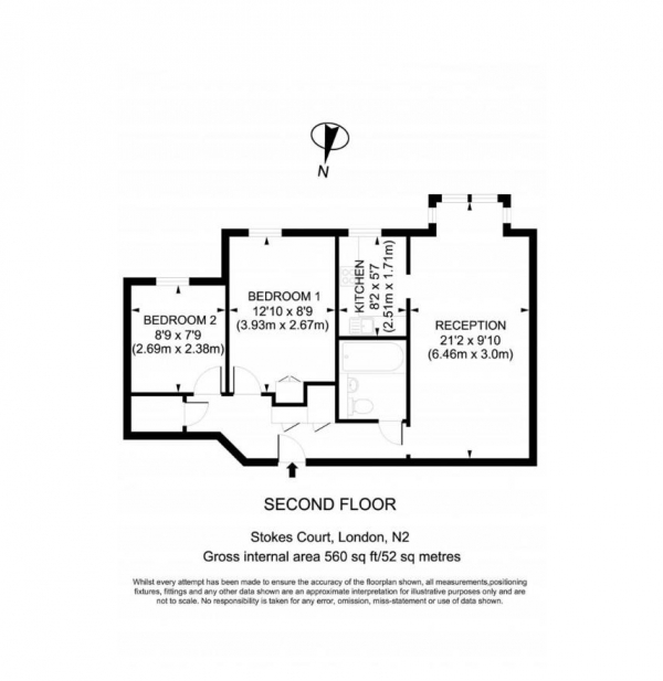 Floor Plan for 2 Bedroom Flat for Sale in Stokes Court, East Finchley, N2, N2, 8NX -  &pound275,000
