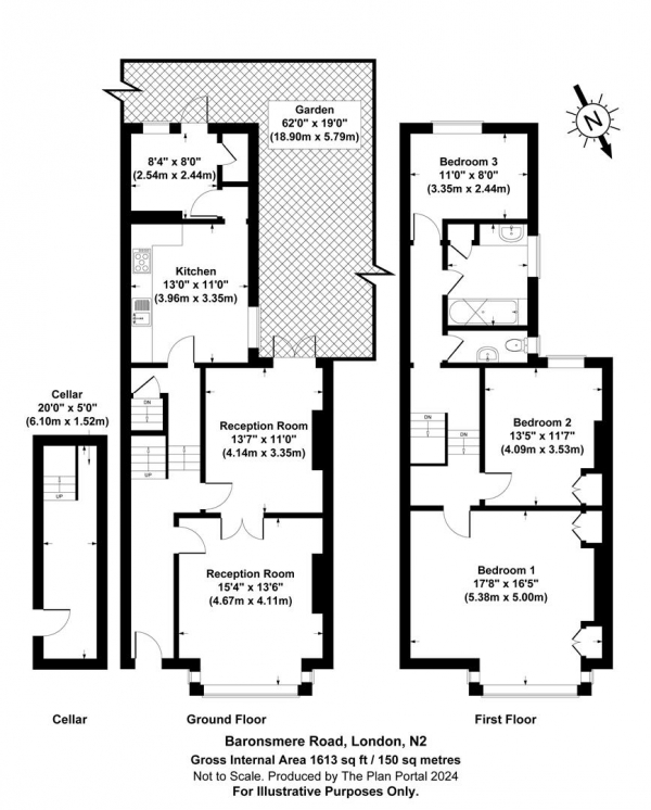 Floor Plan for 3 Bedroom Terraced House for Sale in Baronsmere Road, East Finchley, N2, N2, 9QE -  &pound1,400,000