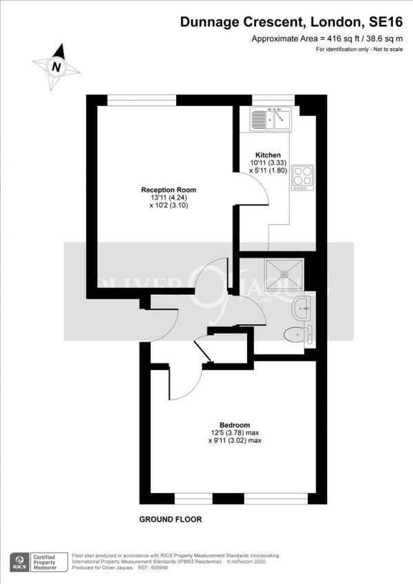 Floor Plan for 1 Bedroom Flat for Sale in Dunnage Crescent, Surrey Quays, SE16, 7FJ -  &pound350,000