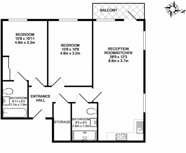 Floor Plan for 2 Bedroom Apartment to Rent in Plough Way, Surrey Quays, SE16, SE16, 7FA - £635 pw | £2750 pcm