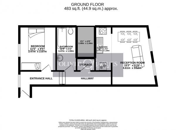 Floor Plan for 1 Bedroom Apartment to Rent in Lower Road, Surrey Quays, SE16, 2LW - £346 pw | £1500 pcm