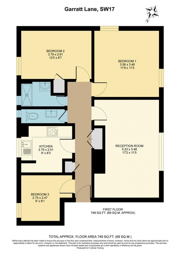 Floor Plan Image for 3 Bedroom Flat to Rent in Garratt Lane, London