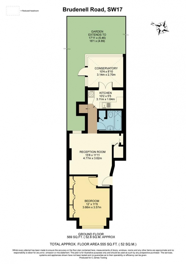 Floor Plan Image for 1 Bedroom Flat for Sale in Brudenell Road, Tooting, Tooting