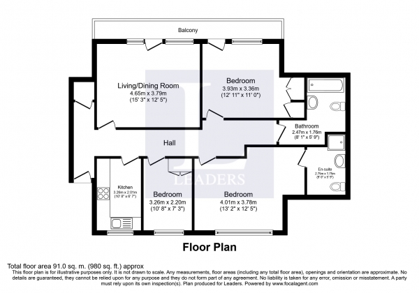 Floor Plan Image for 3 Bedroom Apartment to Rent in Jubilee Court, Eaton Road, Sutton
