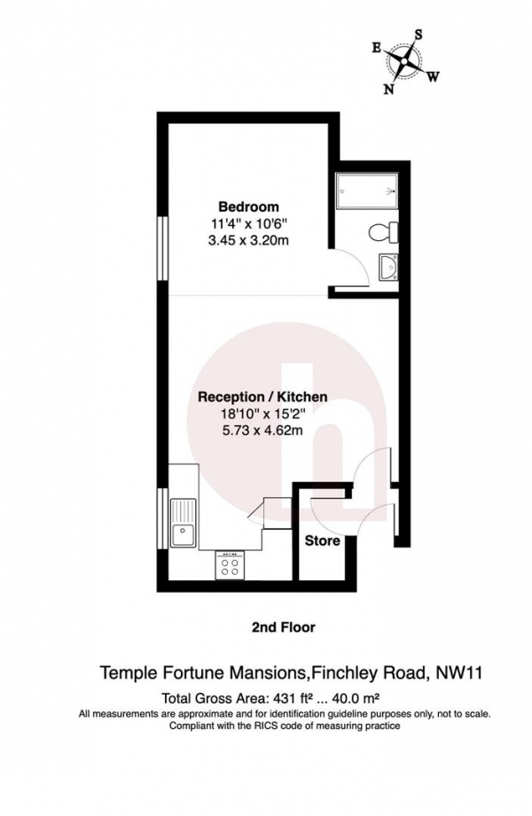 Floor Plan for Studio Flat for Sale in Temple Fortune Mansions, NW11, NW11, 0QR - Guide Price &pound299,000