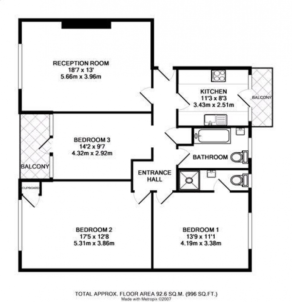 Floor Plan for 3 Bedroom Flat for Sale in Charter Way, London, N3, 3DT - Guide Price &pound625,000