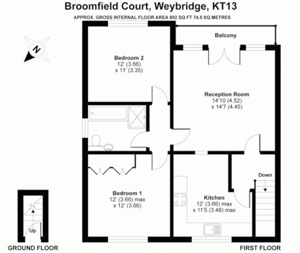 Floor Plan Image for 2 Bedroom Maisonette to Rent in Broomfield Court, Weybridge