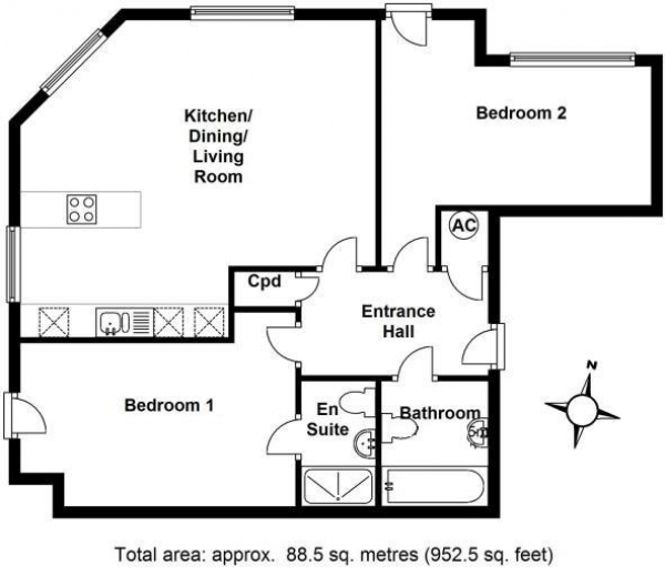 Floor Plan for 2 Bedroom Flat to Rent in Chieftain Way, Cambridge, CB4, 2EF - £277 pw | £1200 pcm
