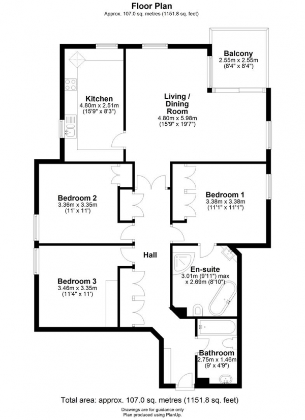 Floor Plan Image for 3 Bedroom Property to Rent in Redwood Lodge, Grange Road, Cambridge