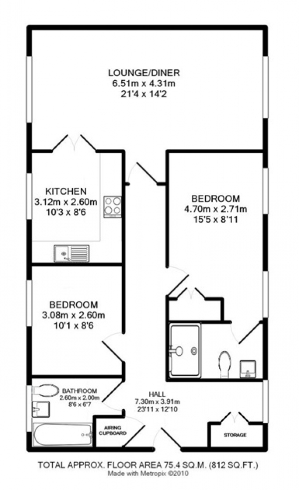 Floor Plan Image for 2 Bedroom Apartment to Rent in Gladstone House, Horton Crescent, Epsom