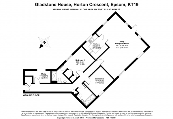 Floor Plan Image for 3 Bedroom Apartment to Rent in Gladstone House, Horton Crescent, Epsom