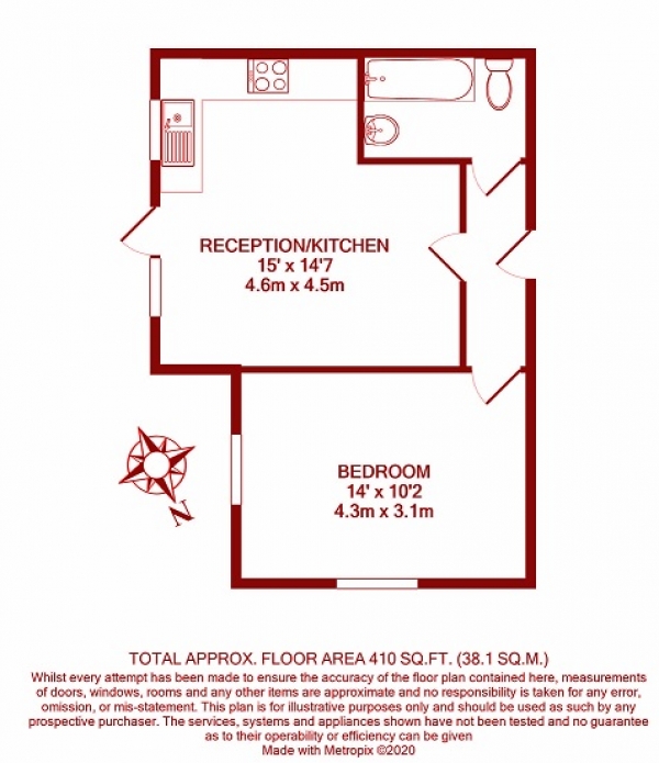 Floor Plan for 1 Bedroom Flat to Rent in Marlborough Road, Colliers Wood, London, SW19, 2HG - £254 pw | £1100 pcm