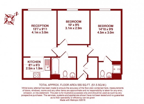 Floor Plan for 2 Bedroom Flat for Sale in High Street, Colliers Wood, London, SW19, 2BF -  &pound349,950