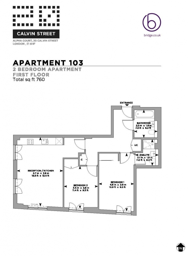 Floor Plan for 2 Bedroom Apartment to Rent in Alpha Court, Spitalfields, E1, Spitalfields, E1, 6HF - £575  pw | £2492 pcm