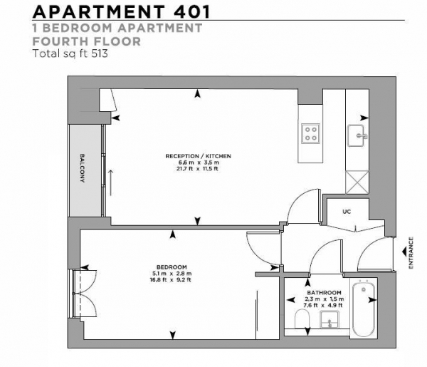 Floor Plan Image for 1 Bedroom Apartment to Rent in Calvin Street, Spitalfields, E1
