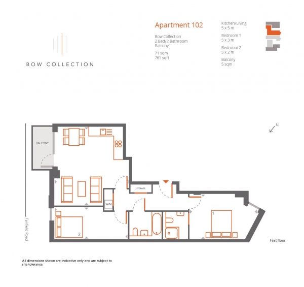 Floor Plan Image for 2 Bedroom Apartment for Sale in 102A  Bow Collection