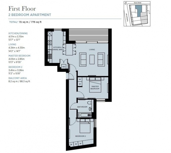 Floor Plan Image for 2 Bedroom Apartment for Sale in R4, Douro Place, E3