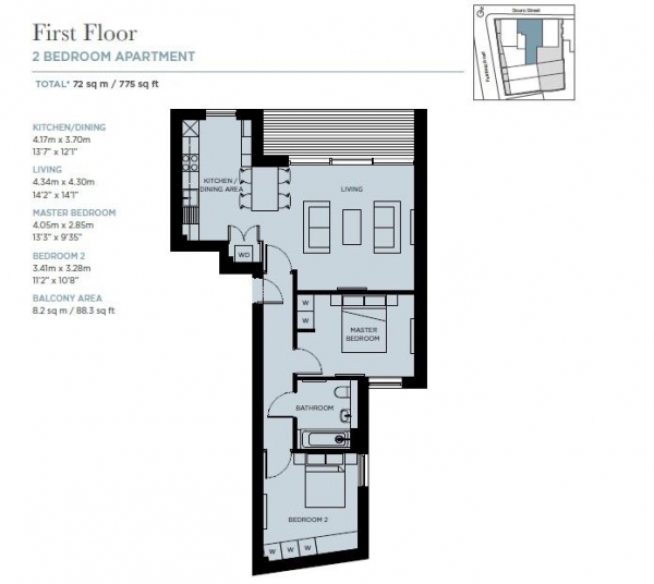 Floor Plan Image for 2 Bedroom Apartment for Sale in 6 Douro Place, E3