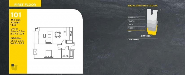 Floor Plan for 1 Bedroom Apartment to Rent in Alpha Court, Calvin Street, Spitalfields, E1, Spitalfields, E1, 6HF - £400  pw | £1733 pcm