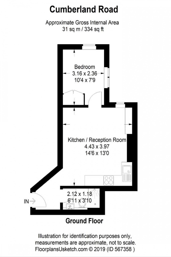 Floor Plan for 1 Bedroom Flat to Rent in Cumberland Road, London, W3, 6EX - £415 pw | £1800 pcm