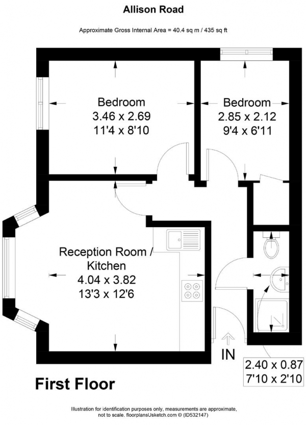 Floor Plan for 2 Bedroom Flat to Rent in Allison Road, London, W3, 6JE - £519 pw | £2250 pcm