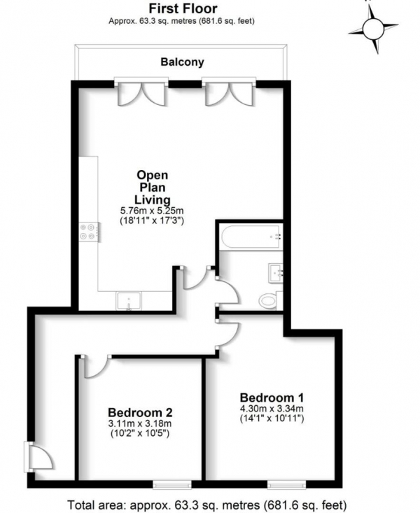 Floor Plan Image for 2 Bedroom Flat for Sale in The Oaks, Sparrows Herne, Bushey