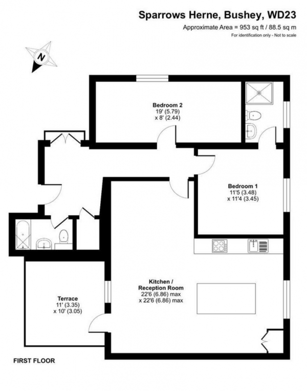 Floor Plan for 2 Bedroom Flat for Sale in The Oaks, Sparrows Herne, Bushey, WD23, 1FU - Offers in Excess of &pound550,000