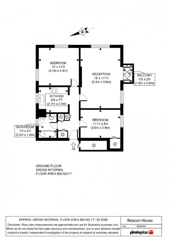 Floor Plan for 2 Bedroom Property for Sale in Beacon House, Chulsa Road, Sydenham, SE26, 6BP - Guide Price &pound375,000