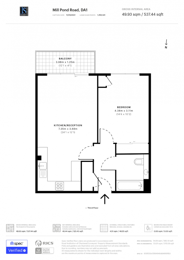 Floor Plan Image for 1 Bedroom Apartment for Sale in Mill Pond Road, Langley Square, Dartford, Kent, DA1 5WH