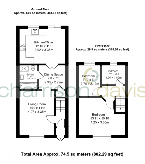 Floor Plan for 3 Bedroom Terraced House for Sale in Warwick Crescent, Hayes, Middlesex, UB4 8RQ, UB4, 8RQ -  &pound399,950