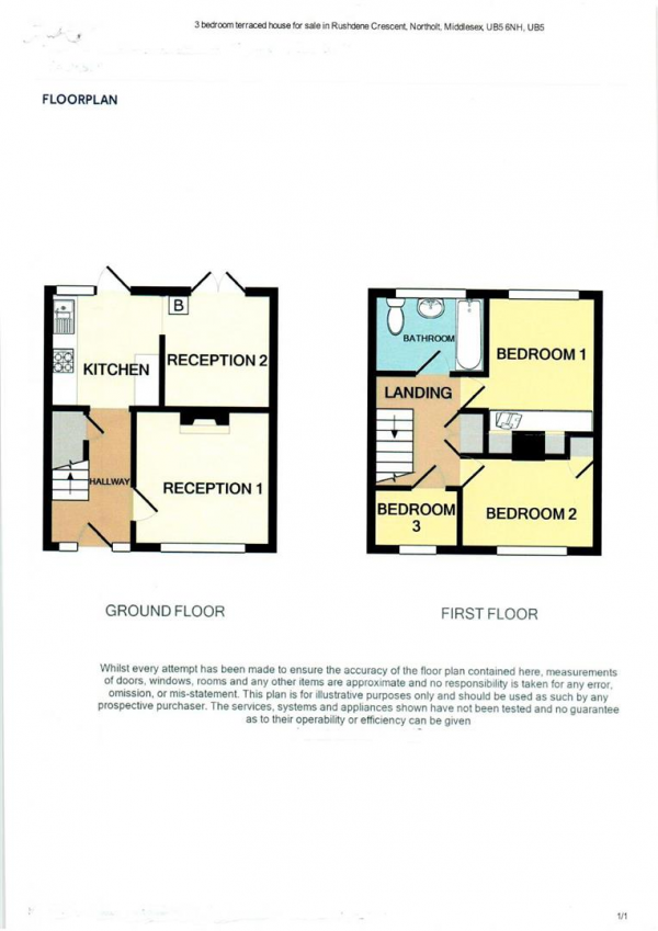 Floor Plan Image for 3 Bedroom Terraced House for Sale in Rushdene Crescent, Northolt, Greater London, UB5 6NH