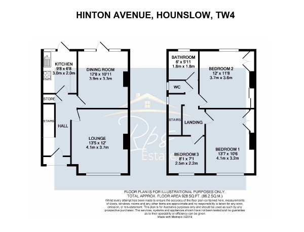 Floor Plan for 3 Bedroom Semi-Detached House for Sale in Hinton Avenue, Hounslow, TW4, TW4, 6AR - OIRO &pound419,950
