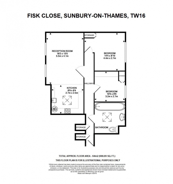 Floor Plan for 2 Bedroom Flat for Sale in Fisk Close, Sunbury-on-Thames, TW16, TW16, 7PY - Guide Price &pound289,950